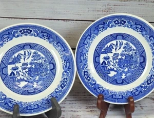 Vintage blue Willow Ware Plate set Blue White China Pagoda Bridge Birds - Picture 1 of 11