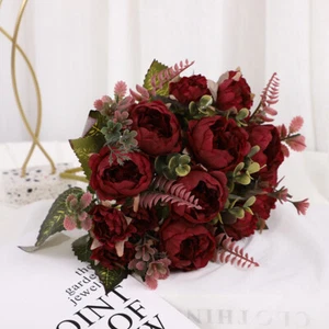 Peony Roses Artificial Silk Fake Flower White Bridal Wedding Bouquet Home Deco☋ - Picture 1 of 23