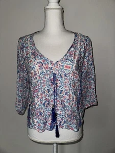 Derek Heart Top Blouse Floral Tassles White Blue Pink Orange Size Large - Picture 1 of 5