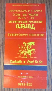 BULLFIGHTING MATCHBOOK COVER: TORERO MEXICAN RENTON, WASHINGTON MATCHCOVER -D21 - Picture 1 of 1