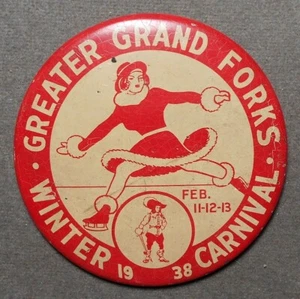Greater Grand Forks Winter Carnival, Feb. 11-12-13, 1938 (Skater). Red and cream - Picture 1 of 2