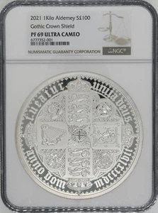 2021 Alderney Gothic Crown Shield 1 kilo Silver NGC PF-69 UCAM - Picture 1 of 4