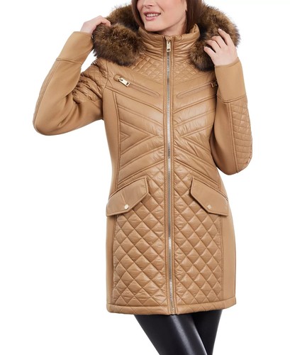 Cappotto giacca Michael Kors donna con cappuccio trapuntato media misto pelliccia sintetica S cammello