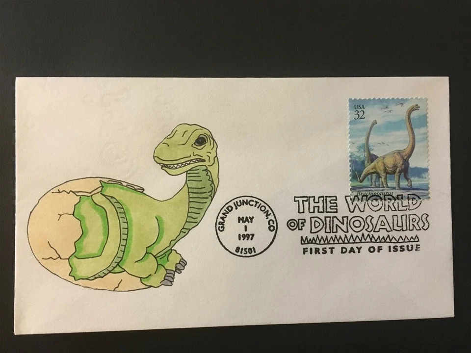 The WORLD of DINOSAURS, 1997 Hand Painted First Day of Issue, # 1 of 1 made - Image 1 of 1