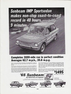 1965 Sunbeam IMP Sportsedan Alpine Tiger Rootes Линейка Винтажная Печатная Реклама - Изображение 1 из 2