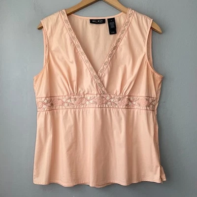 Cottage Y2K Size 12 Peach Embroidered Sleeveless Babydoll Top Surplice Romantic - Image 1 of 4