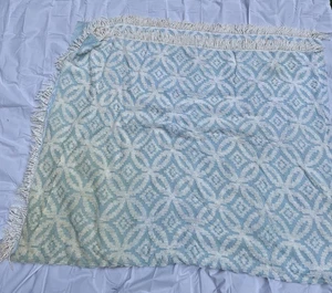 Light Blue and White Double Wedding Band Vintage Chenille Bedspread with Fringe - Picture 1 of 6