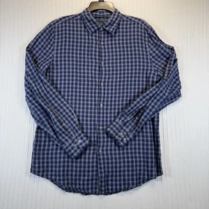 Perry Ellis Shirt Men Medium Blue Checked Linen Blend Button Up Long Sleeve - Picture 1 of 7