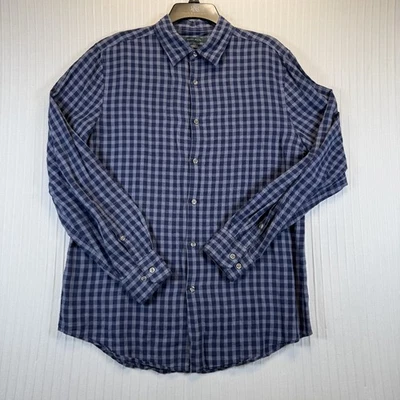 Perry Ellis Shirt Men Medium Blue Checked Linen Blend Button Up Long Sleeve - Image 1 of 4