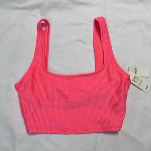 American Eagle Aerie Swim Rib Shine Longline Scoop Bikini Top Sz XS Neon Pink - Picture 1 of 7