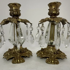 2 Vtg L&L WMC Hollywood Regency Brass/Glass Prism Candlestick Holders 1973 6.5" - Picture 1 of 6