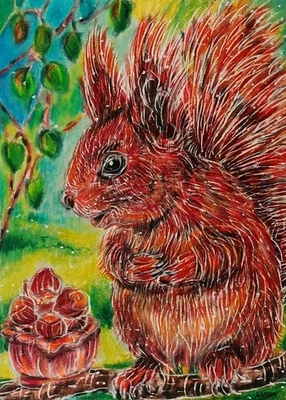 EMMA ACEO ORIGINAL - RED SQUIRREL - mammal rodent wildlife sweet animals NATURE - Image 1 of 4