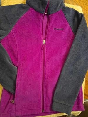 Columbia Girl's Jacket; sz Med 10/12; Fleece style, zip up; Magenta & Gray - Image 1 of 4