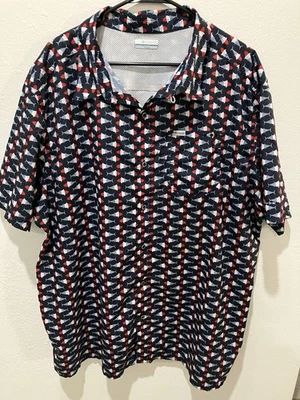 Columbia PFG Performance Equipo de Pesca Ventilado Rojo Blanco Azul Pez Camisa Talla 3XL Foto 1 de 4