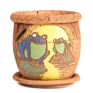 FROGS Ceramic Planter Brown Plant Pot Clay Pot Handmade Cachepot Flower Herb Pot - Picture 1 of 14