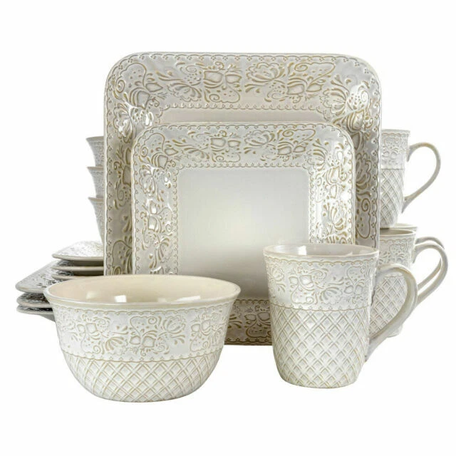 Elama Ivory Lotus Dinnerware Set - White, 16 Pieces (EL-IVORYLOTUS)