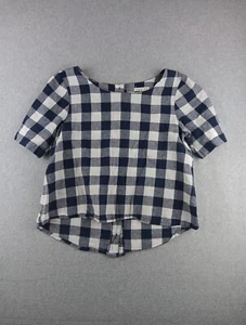 Copper Key Blue White Gingham Plaid Short Sleeve Button-Back Boxy Top Size Med - Picture 1 of 5