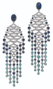 Lab Sapphire Long Chandelier Earrings 925 Fine Silver Glorious Statement Jewelry - Picture 1 of 3