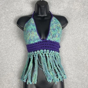 Bad Kitty Knits Womens Crochet Halter Top Crop Size M Turquoise Fringe Boho - Picture 1 of 10