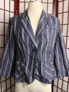 Cabi Blazer 100% Linen Size 6 Navy Blue White Striped Nautical Button Style 871 - Picture 1 of 9