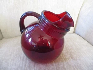 Vtg ANCHOR HOCKING Royal Ruby Red Ball Tilt Pitcher With Ice Lip MCM - Picture 1 of 13