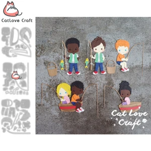 Fishing Boy Girl Metal Cutting Dies Scrapbooking Die Cuts Card Making Craft - Picture 1 of 9