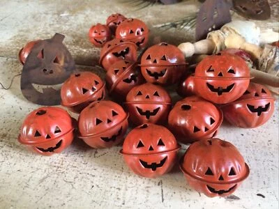 12 Primitive Rusty Orange Jingle Bell Bells 1.5" Pumpkin Halloween Jackolantern - Image 1 of 4
