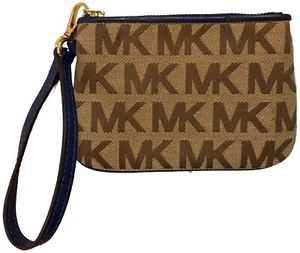 Michael Kors Jet Set Repeat Logo Jacquard Wristlet in Khaki & Blue Leather Trim - Picture 1 of 4