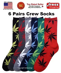6 PAIRS Marijuana Weed Cannabis Potleaf Rasta Crew Length Fashion Socks - Picture 1 of 7