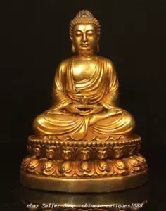 11"DaMing Yongle Marked Bronze Gilt Shakyamuni Amitabha Buddha Lotus Seat Statue - Picture 1 of 9