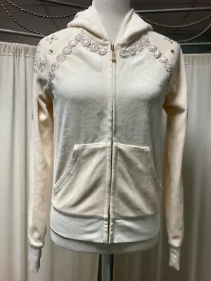 Juicy Couture Velour Ivory Stoned Jeweled Embroidered Zip Up Hoodie S - Image 1 of 4