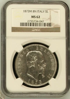 Moeda de prata 5 liras 1873M BN – Itália – Vittorio Emanuele II – NGC MS62 - Imagem 1 de 2