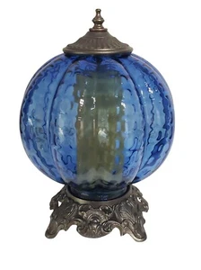 Vintage Hurricane Lamp Round Globe Glass Ball Night Light Blue  14" Tall - Picture 1 of 6