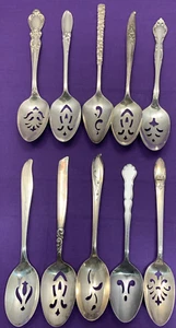 10 Pc Antique to Vintage PIERCED SERVING SPOONS 8" - 8.75" - Picture 1 of 6