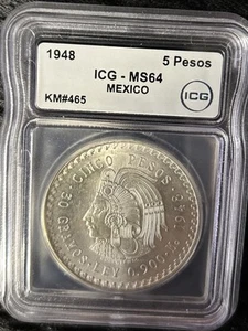 1948 Mo Mexico ICG MS64 Silver 5 Pesos S5P Cinco Pesos Cuauhtemoc Coin MS-64 - Picture 1 of 2