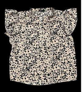 Cute SHEIN Medium Tan and Black Ruffled Cap Sleeve Blouse Pearl Buttons - Picture 1 of 6