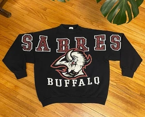 Vintage 90's XL Buffalo Sabres Goat Head NHL Script AOP Crewneck Sweatshirt - Picture 1 of 10