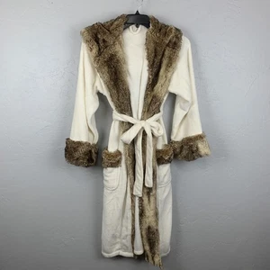 Pottery Barn Morgenmantel Damen mittel beige braun Kunstfell Kapuze kuschelig Gürtel Taschen - Bild 1 von 6