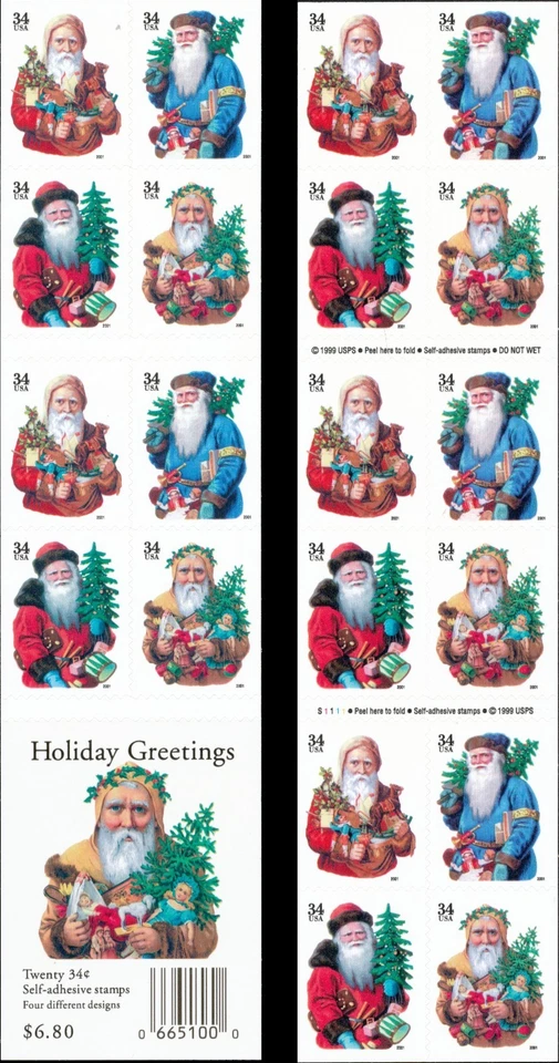 SFSTAMPS US Scott 3537-3540 Vintage Santa Pane of 20 Stamps MNH 2001 small date - Image 1 of 1