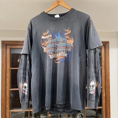 Vintage Harley Davidson Chrome Flame Longsleeve Faded Black 90s T Shirt Large - Image 1 of 4