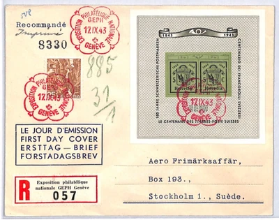 SWITZERLAND 1943 ILLUSTRATED FDC Stamp Centenary *GEPH* Miniature Sheet YQ376 - Image 1 of 4