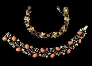 Lot Of 2 Vintage MCM Lisner Bracelets~Orange Cab & Amber Floral - Picture 1 of 8