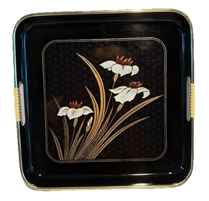 Vintage Japanese Lacquerware Tray Black with Floral Design - Picture 1 of 8