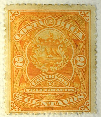 COSTA RICA TELEGRAPH SCOT #36 COAT OF ARMS 2 CENTAVOS OG, 1892 - Изображение 1 из 2