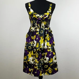 Maeve Anthropologie Silk Empire Tank Dress Purple Floral Smocked Ruffle Size S - Bild 1 von 13