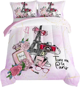 Pink Paris Bedroom Comforter Set,French Eiffel Tower Bedding Sets Romantic Paris - Picture 1 of 6