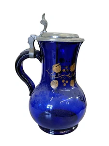 Vintage Bierkrug aus Blauglas mit Zinn-Deckel & Henkel Blumen Biedermeier 1867 - Bild 1 von 10