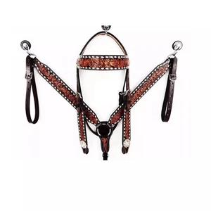 100% Genuine Leather Western Headstall & Breast Collar Buck Stitched Tack Set - Picture 1 of 3