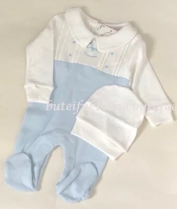 Baby Boys Babygrow & Hat Outfit White/Sky Rocking Horse Spanish Style 0-3 & 6-9M - Picture 1 of 3