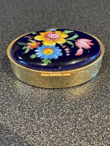 Vintage Small jewel Box Porcelain Silver Plated Hand Painted Flowers Vintage G - Picture 1 of 9